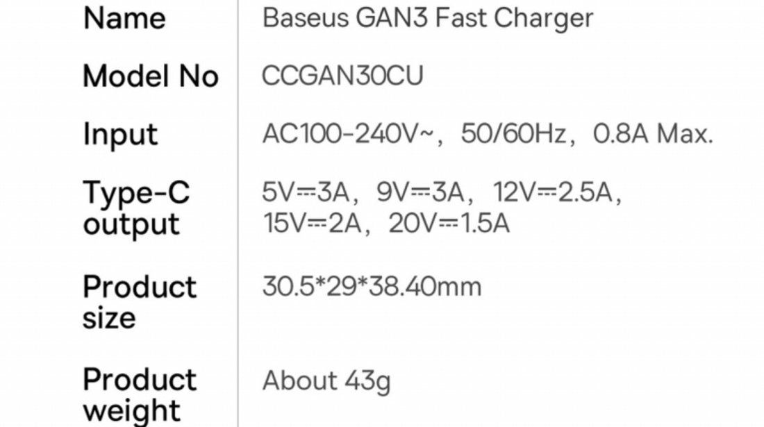 Încărcător Rapid Baseus GaN3 Fast Charger 1C 30W EU Alb CCGN010102