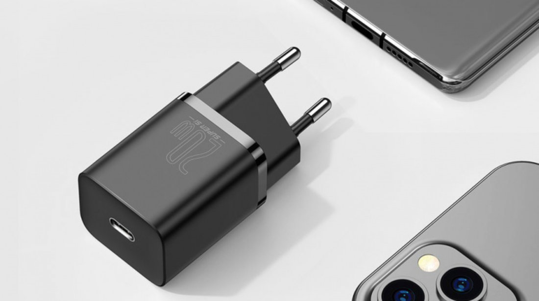 Încărcător Rapid Baseus Super Si 1C USB Type C 20W Power Delivery + Cablu USB Tip C - Lightning 1m Negru (TZCCSUP-B01)