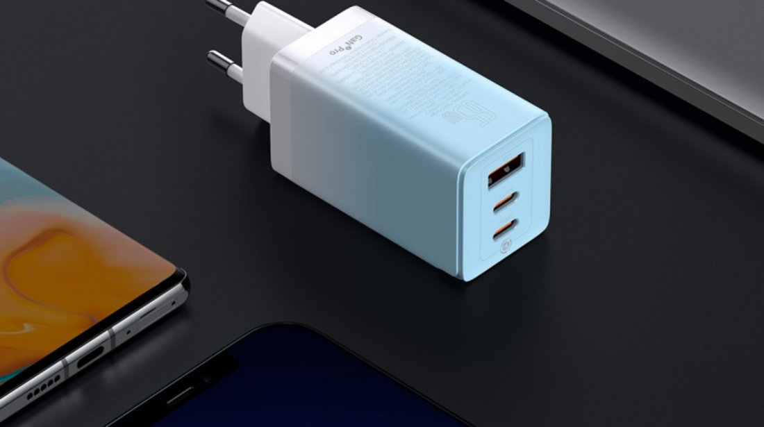 Încărcător Rapid GaN Baseus 2 X USB Tip C / USB 65W QC PD Albastru (CCGP050103) + Cablu De încărcare Rapidă USB Tip C 100W 1m Albastru