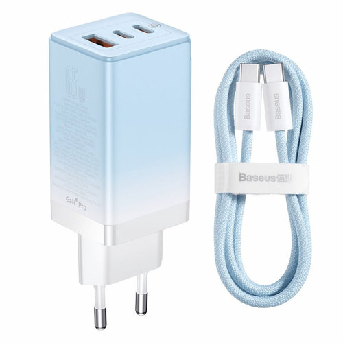 Încărcător Rapid GaN Baseus 2 X USB Tip C / USB 65W QC PD Albastru (CCGP050103) + Cablu De încă...