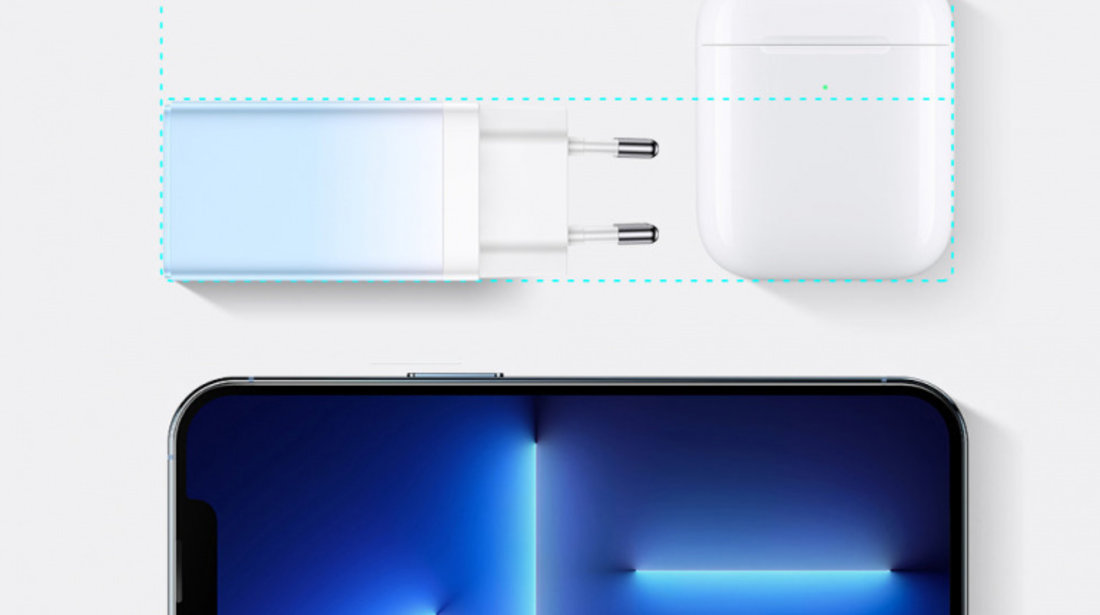 Încărcător Rapid GaN Baseus 2 X USB Tip C / USB 65W QC PD Albastru (CCGP050103) + Cablu De încărcare Rapidă USB Tip C 100W 1m Albastru