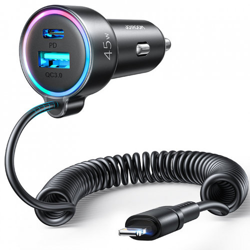Încărcător Rapid Pentru Mașină Joyroom 3 în 1 Cu Cablu Lightning 1,5 M 45 W Negru (JR-CL08)