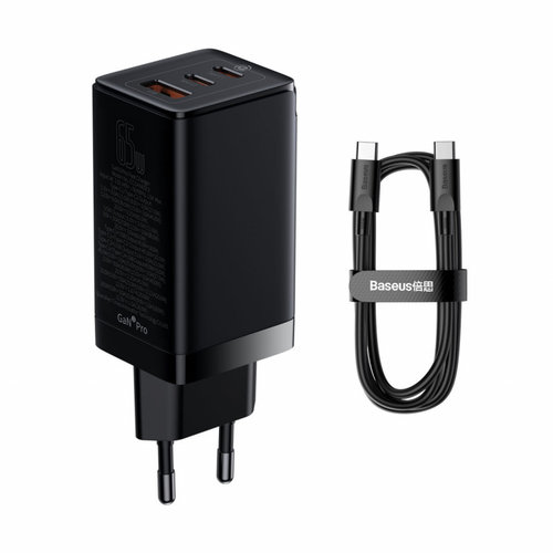 Încărcător Rapid Universal GaN Baseus GaN3 Pro 2 X USB Tip C / USB 65W PD3.0, QC4.0 +, AFC Negru ...