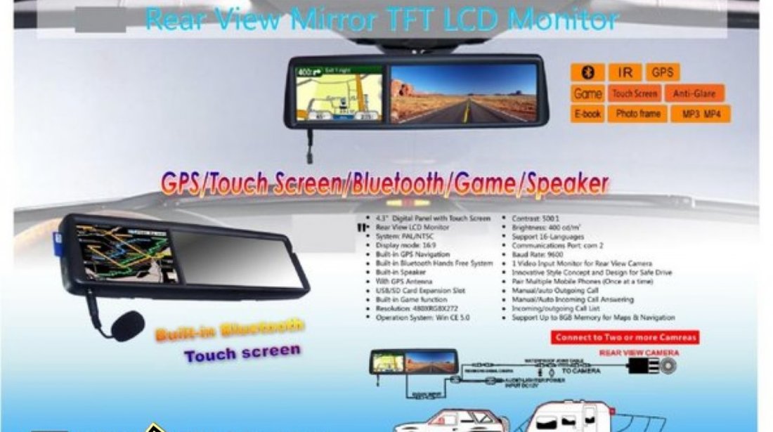 Oglinda Cartek Rvg35 Cu Gps Lcd 3 5 Touchscreen Bluetooth Games