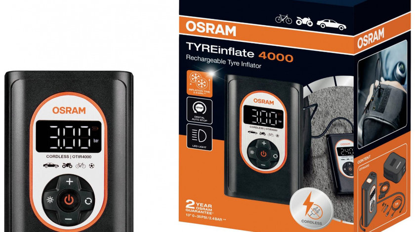 Osram TYREinflate 4000, 8.3 Bar, Digital, Auto-Stop, Lampa Led Inspectie OTIR4000