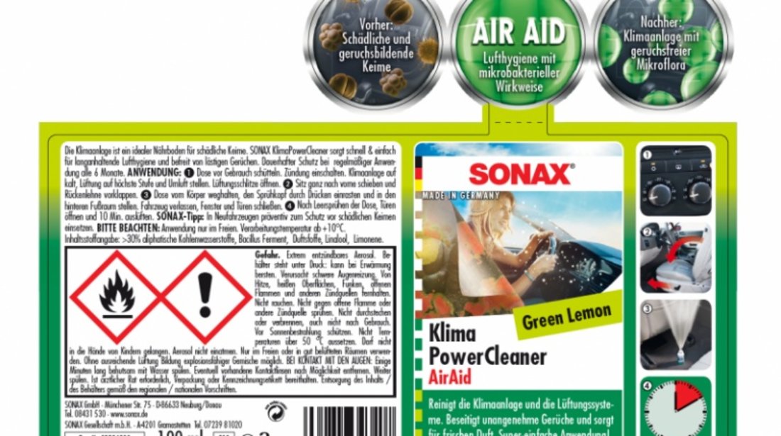 Pachet 12 Buc Sonax Spray Curatat Instalatie Ac Air Aid Green Lemon 323400 100ML