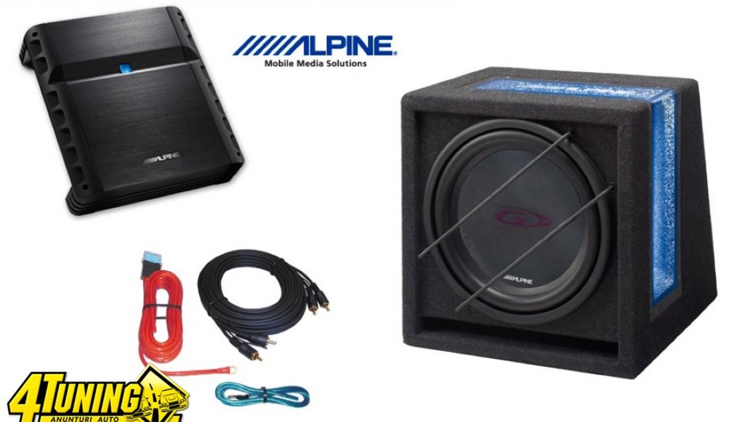 Pachet Bass Subwoofer Alpine Sbg 1244br 800w 250w Rms Amplificator Alpine Pmx T320 2 Canale 320w Kit Cabluri Cadou
