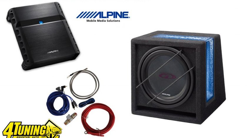 PACHET BASS SUBWOOFER ALPINE SBG 844BR 400W 120W RMS AMPLIFICATOR ALPINE PMX T320 2 CANALE 320W KIT CABLURI CADOU