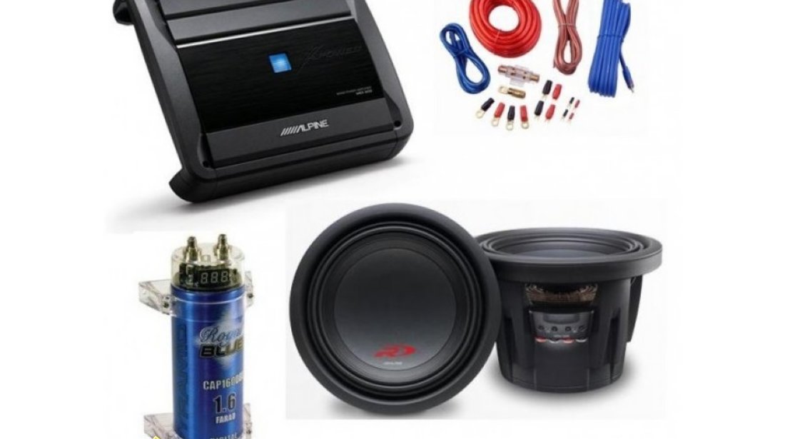 Pachet Bass Subwoofer Alpine SWR 1043D 1600W Amplificator Alpine MRX M55 Condensator Pyramid 1 6F Kit Cabluri Cadou