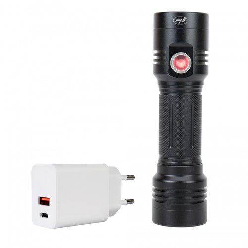 Pachet lanterna dubla PNI Adventure F200 din aluminiu cu LED, acumulator 4000mAh, 3 LED-uri cu desch...