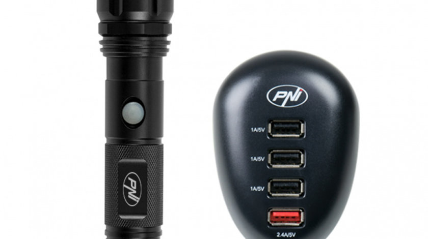 Pachet lanterna PNI Adventure F10 6W, 500lm, raza pana la 200m, focus si incarcator USB PNI HC41, 4 porturi USB PNI-HC41F10