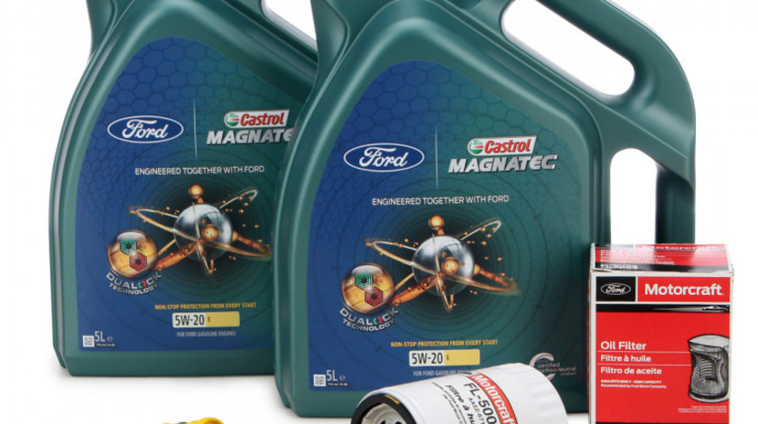 Pachet Revizie 2 Buc Ulei Motor Castrol Magnatec Ford 5W-20 E 5L 15D63F + Set Filtru Ulei + Buson Surub Golire Baie Ulei Oe Ford 2081941 + 2084659