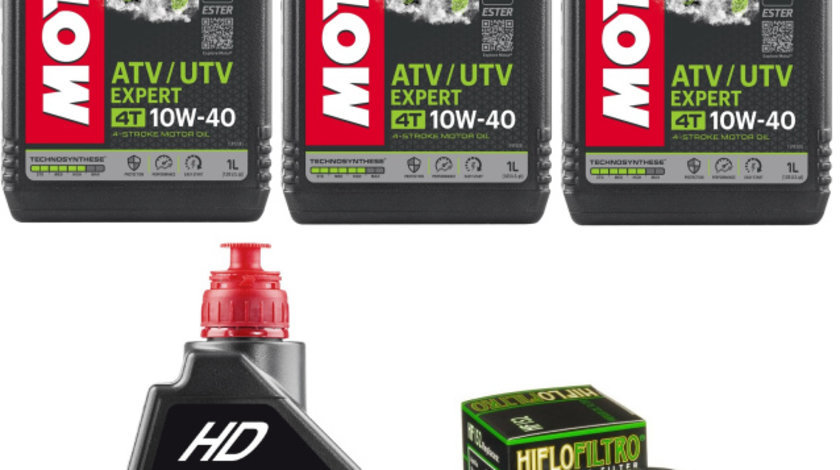 Pachet Revizie Atv CF Moto CForce 450, 520 3 Buc Ulei Motor Atv Motul 4T ATV-UTV Expert 10W-40 MA 1L 105938 + Ulei Transmisie Manuala Motul HD 80W-90 1L 105781 + Filtru Ulei Moto Hiflofiltro HF152