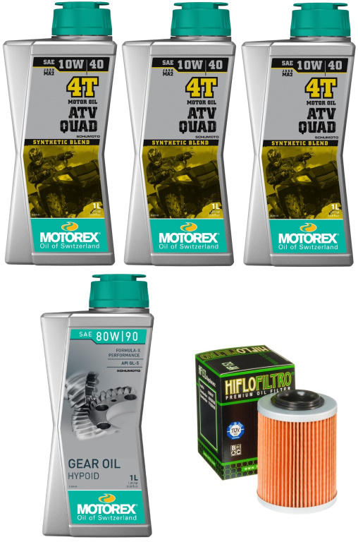 Pachet Revizie ATV Cf Moto CForce 450L/S, 520L/S, 550, 625 Touring/S, X8 3 Buc Ulei Motor Atv Motorex Atv Quad 4T 10W-40 1L MO 017417 + Ulei Transmisie Motorex Gear Oil Hypoid 80W-90 1L MO 115311 + Filtru Ulei Moto Hiflofiltro HF152