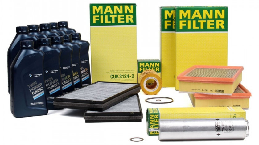 Pachet Revizie Filtru Aer + Polen + Ulei + Combustibil Mann Filter + Ulei Motor Bmw Twin Power Turbo 5W-30 10L Bmw Seria 7 E65, E66, E67 2001-2009 740d 258 PS 2XC30153/1+CUK3124-2+HU925/4X+WK5002X