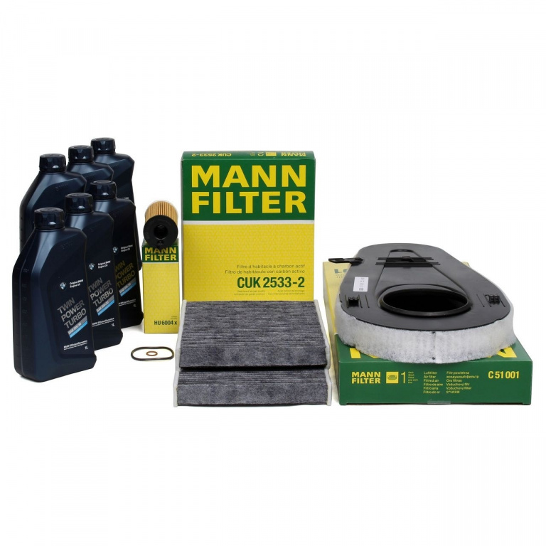 Pachet Revizie Filtru Aer+Polen+Ulei Mann Filter + Ulei Bmw Twin Power Turbo 5W-30 6L Bmw Seria 5 F10 2009-2017 518d 520 d 525 d C51001 + CUK2533-2 + HU6004X + 6 Buc 83212465849