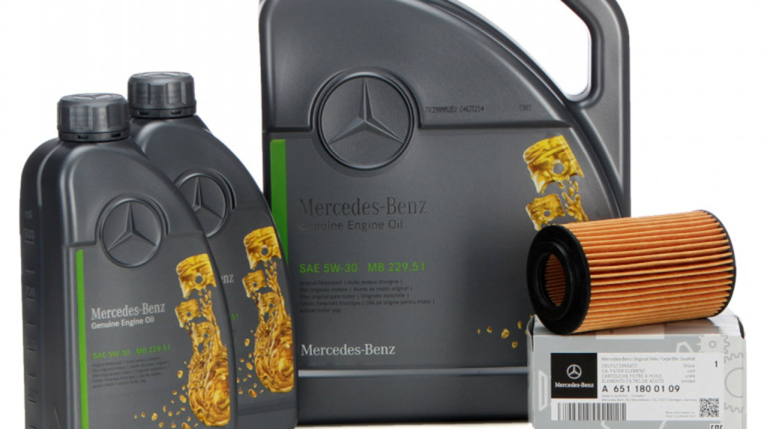 Pachet Revizie Mercedes Ulei Motor Mercedes-Benz 229.51 5W-30 5L A000989690613ABDE + 2 Buc Ulei Motor Mercedes-Benz 229.51 5W-30 1L A000989690611ABDE + Filtru Ulei Oe Mercedes-Benz A-Class W176 2012-2018 A6511800109