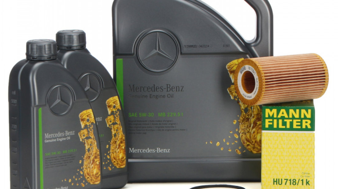 Pachet Revizie Mercedes Ulei Motor Mercedes-Benz 229.51 5W-30 5L A000989690613ABDE + 2 Buc Ulei Motor Mercedes-Benz 229.51 5W-30 1L A000989690611ABDE + Filtru Ulei Mann Filter Mercedes-Benz C-Class W203 2000-2007 HU718/1K