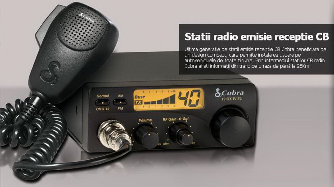 Pachet Statie Radio Auto CB Cobra 19DX + Antena CB Cobra HGA1000, lungime 53.3 cm, baza magnetica