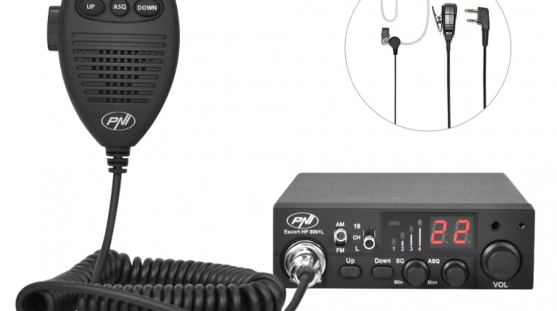Pachet statie radio CB PNI ESCORT HP 8001L ASQ 4W 12V, 40 canale + Antena CB PNI Extra 40 cu magnet inclus, lungime 45 cm, 30W PNI-PACK73