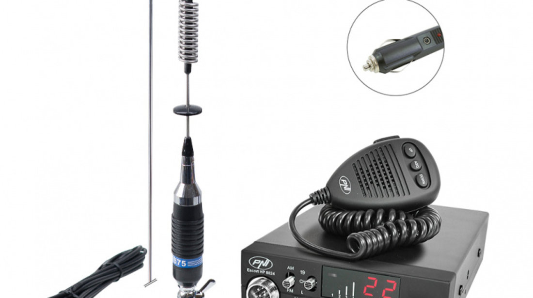 Pachet statie radio CB PNI ESCORT HP 8024, 12V-24V ASQ + Antena CB PNI S75 cu cablu si montura fixa PNI-PACK76