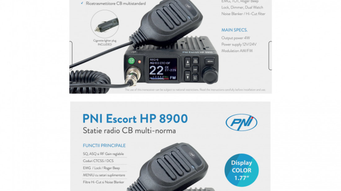 Pachet Statie radio CB PNI Escort HP 8900 ASQ, 12-24V + Antena CB PNI Extra 45 cu baza magnetica, alimentare 12V/24V, RF Gain, Roger Beep, CTCSS-DCS, Dual Watch PNI-PACK104