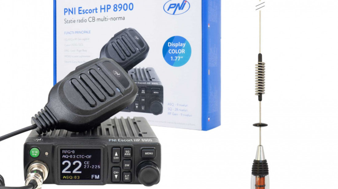 Pachet Statie radio CB PNI Escort HP 8900 ASQ, 12-24V + Antena CB PNI ML70, 70 cm cu baza magnetica 145 mm inclusa PNI-PACK93