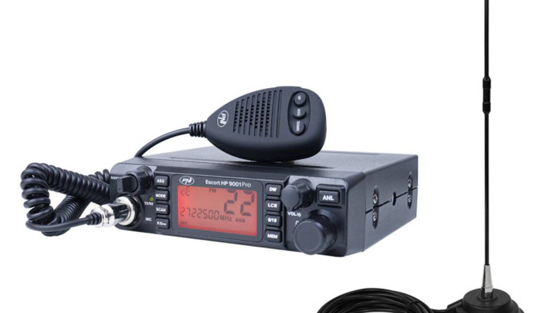 Pachet Statie radio CB PNI ESCORT HP 9001 PRO ASQ reglabil, AM-FM, 12V/24V, 4W + Antena CB PNI Extra 40 cu magnet, 30W, 26-30MHz, SWR 1.0, fibra de sticla PNI-PACK80PRO