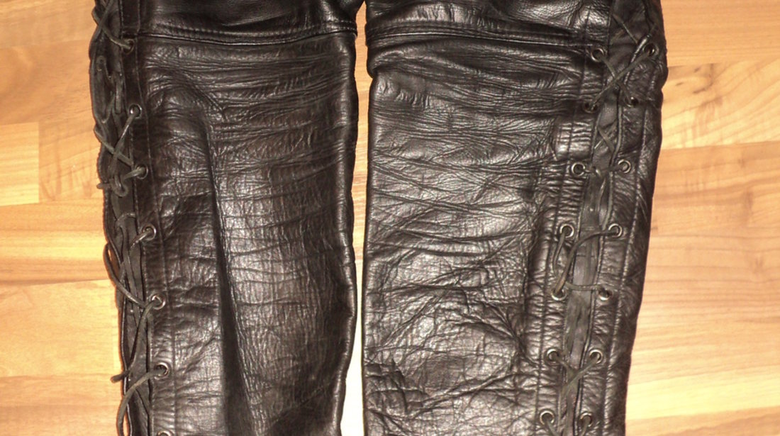 pantaloni moto,rock,chopper,strada din piele naturala cu snur,siret