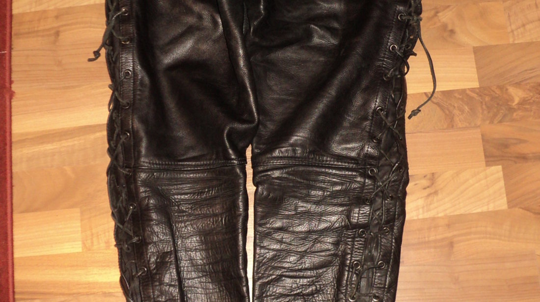 pantaloni moto,rock,chopper,strada din piele naturala cu snur,siret