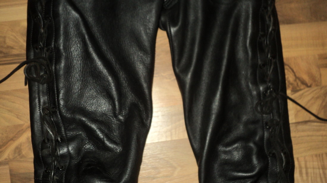 pantaloni moto,rock,chopper,strada din piele naturala cu snur,siret