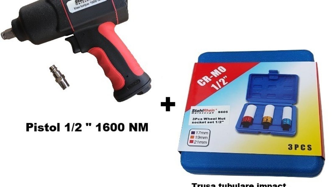 Pistol pneumatic 1/2" 1600 Nm + trusa tubulare impact 3 buc (17,19,21 mm)