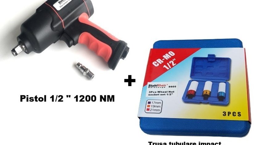 Pistol pneumatic 1200 Nm + trusa tubulare impact 3 buc (17,19,21 mm)
