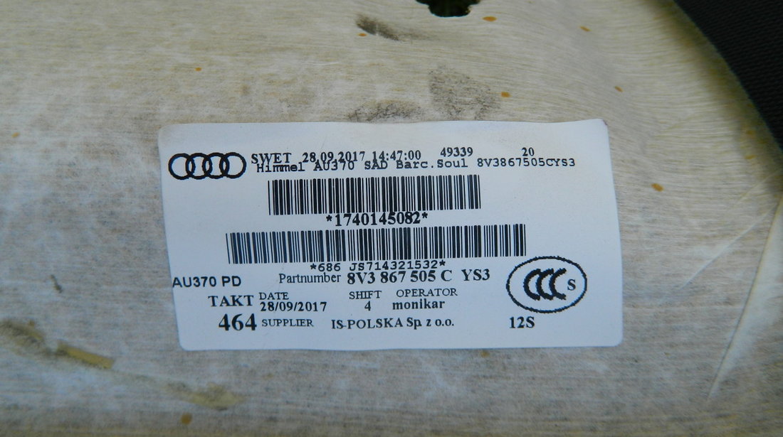 Plafon Tapiserie Audi A3 8V S-Line cod 8V3867505