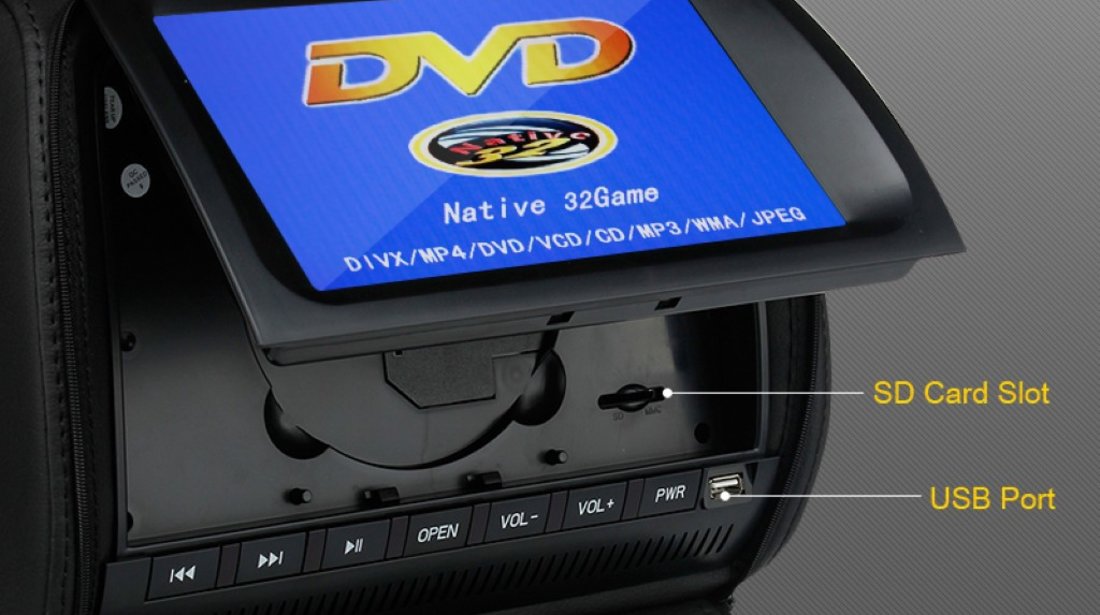 PNI 999C B Tetiere Negre Lcd 9 Inch Lentila Dvd Sony Husa Usb Sd Player Divx Jocuri Modulator Fm Joystick Wireless