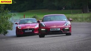 Porsche Cayman GTS si Jaguar F-Type V6 S se lupta pentru banii tai