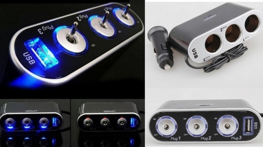 Prelungitor priza 3 cai auto si 1 USB