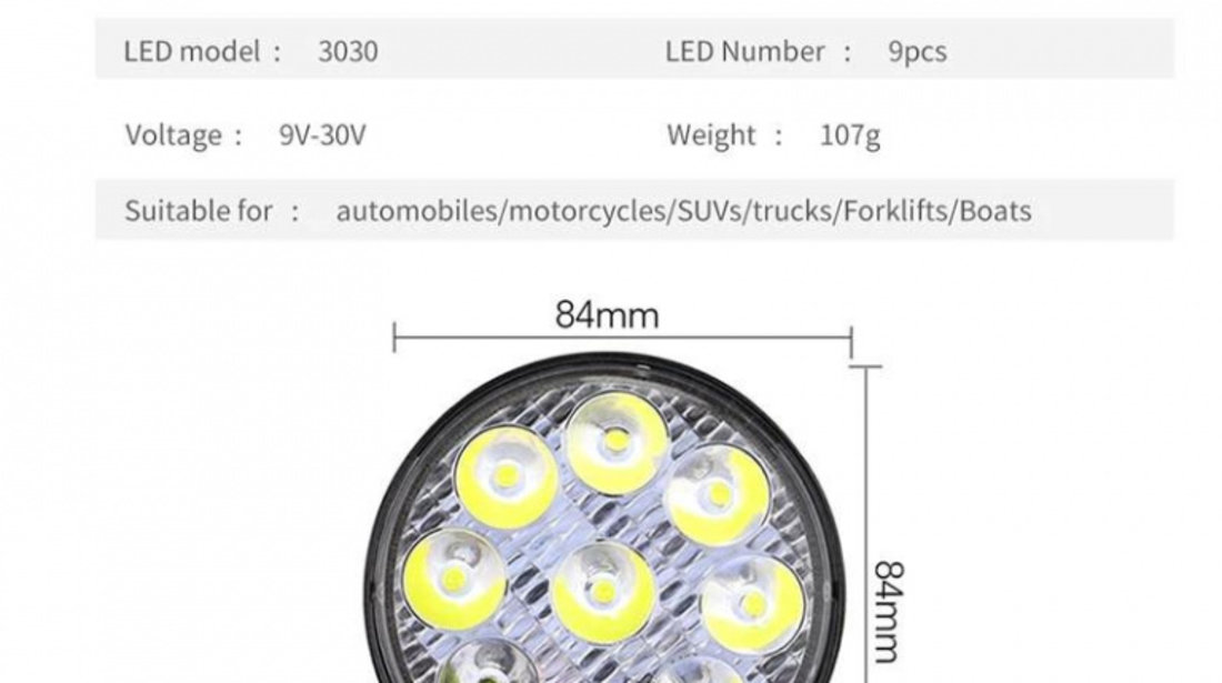 Proiector Led 27W 12/24V 6000K Rotund PL 027