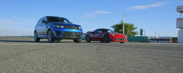 Putere vs. greutate: Duel inedit intre... Range Rover Sport SVR si Alfa Romeo 4C