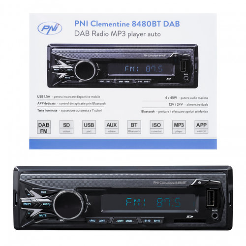 RADIO MP3 PLAYER AUTO DAB SI RDS PNI CLEMENTINE 8480BT 4X45W, 12/24V, CU SD, USB, AUX, RCA, BLUETOOT...