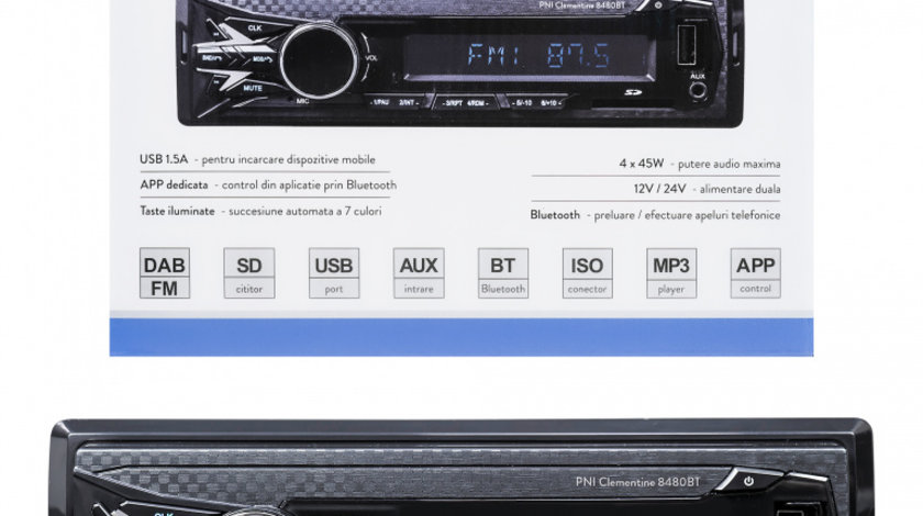 RADIO MP3 PLAYER AUTO DAB SI RDS PNI CLEMENTINE 8480BT 4X45W, 12/24V, CU SD, USB, AUX, RCA, BLUETOOTH SI USB 1.5A PNI-8480BT PNI