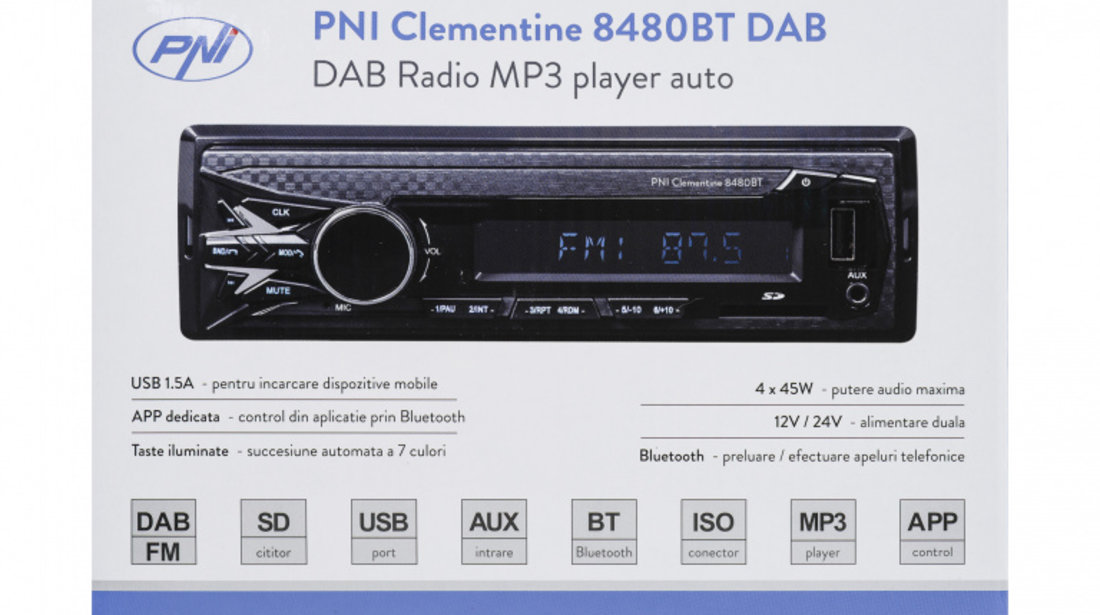 Radio Mp3 Player Auto Dab Si Rds Pni Clementine 8480bt 4x45w, 12/24v, Cu Sd, Usb, Aux, Rca, Bluetooth Si Usb 1.5a PNI-8480BT