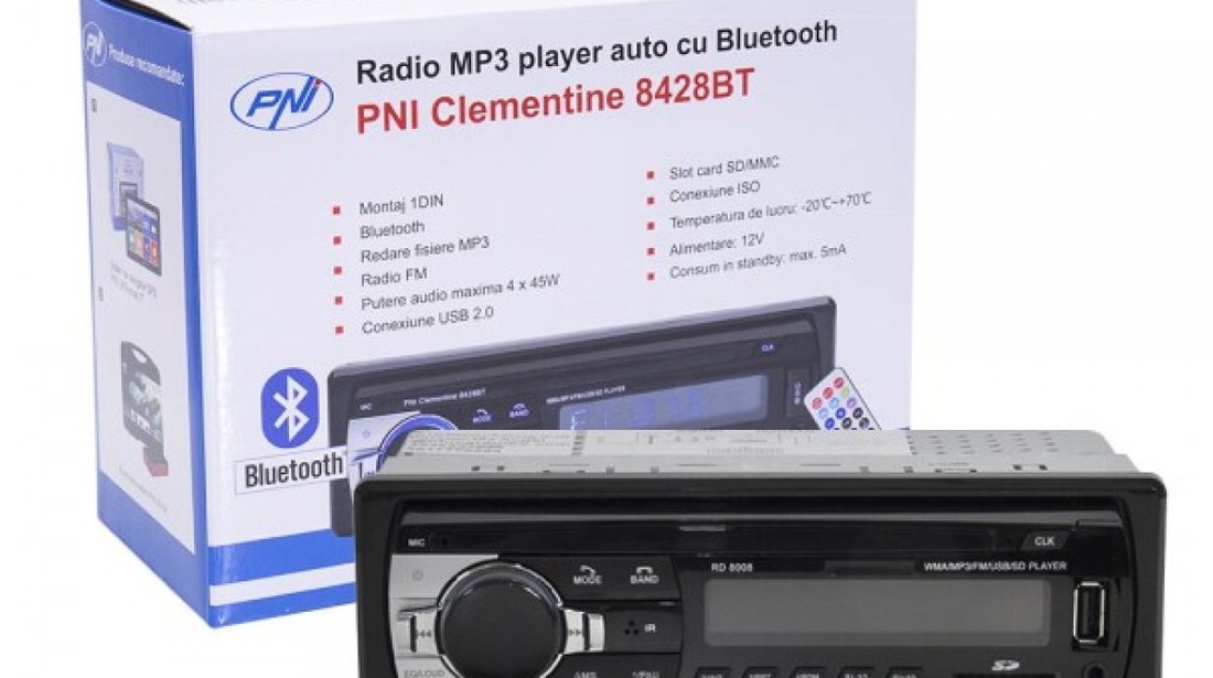 Radio MP3 player auto PNI Clementine 8428BT 4x45w 1 DIN cu SD, USB, AUX, RCA si Bluetooth