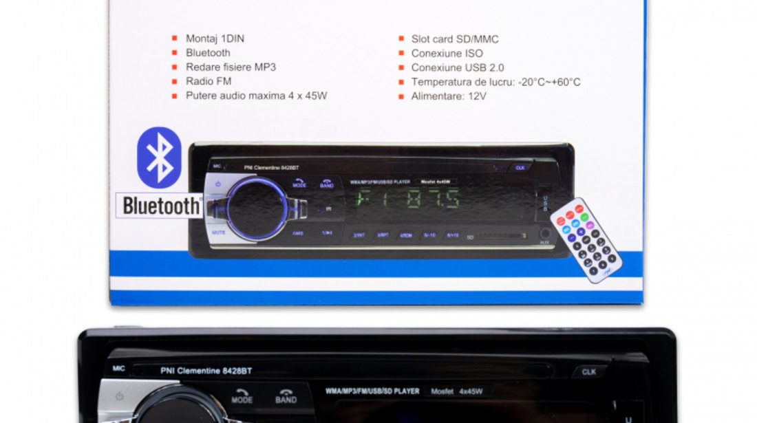 Radio MP3 player auto PNI Clementine 8428BT 4x45w 1 DIN cu SD, USB, AUX, RCA si Bluetooth PNI-8428BT