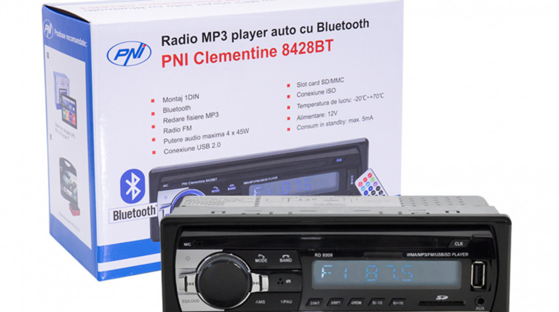 Radio MP3 player auto PNI Clementine 8428BT 4x45w 1 DIN cu SD, USB, AUX, RCA si Bluetooth PNI-8428BT