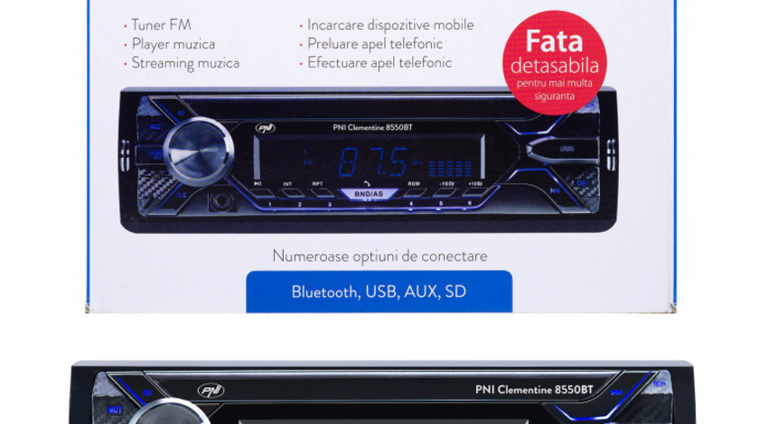 RADIO MP3 PLAYER AUTO PNI CLEMENTINE 8550BT, FATA DETASABILA, 4X45W, 12V, 1 DIN, CU SD, USB, AUX, RCA