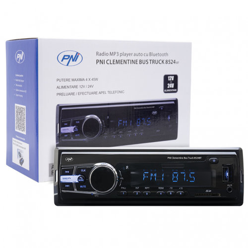 RADIO MP3 PLAYER AUTO PNI CLEMENTINE BUS TRUCK 8524BT RDS 4X45W 12V/24V CU SD, USB, AUX, RCA SI BLUE...