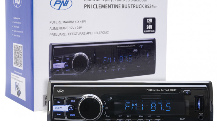 Radio MP3 Player Auto PNI Clementine Bus Truck 8524BT RDS 4x45w 12V/24V 1 DIN Cu SD, USB, AUX, RCA Si Bluetooth PNI-8524BT