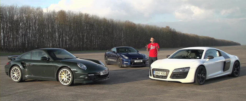 Razboi in lumea supercarurilor: Audi R8 V10 Plus vs Porsche 911 Turbo S vs Nissan GT-R