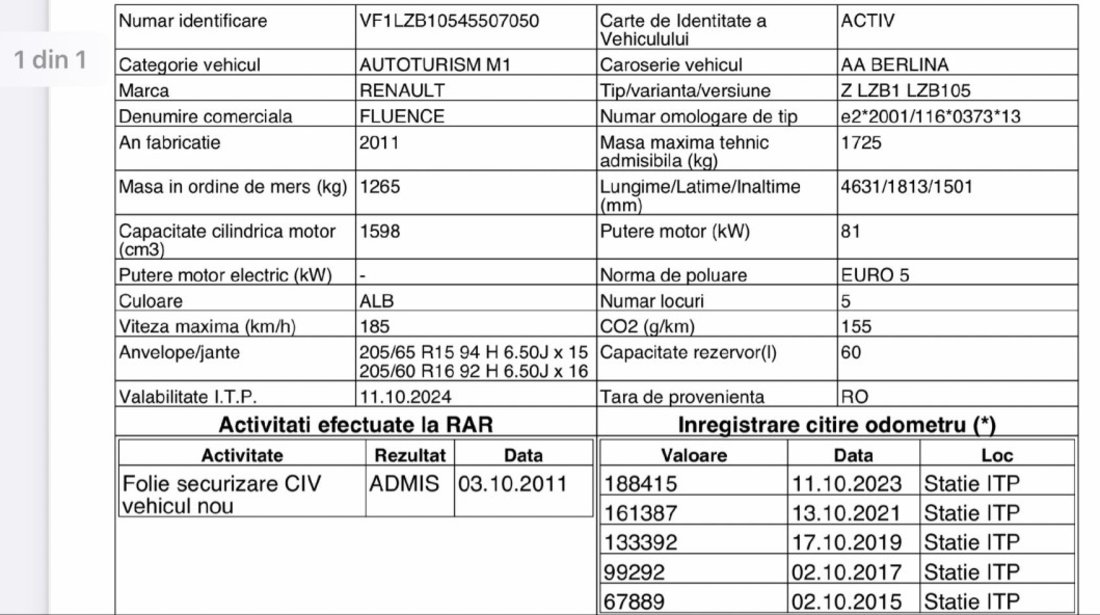 Renault Fluence 1.6Benzina Euro 5 A/C Electrice Km Reali 2011